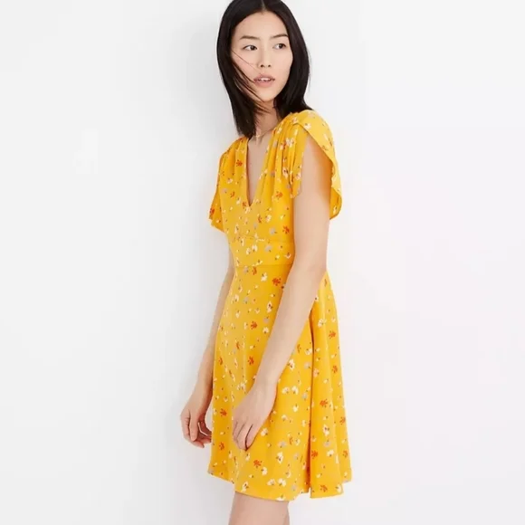 Madewell Silk Belladonna Yellow Floral Dress Size 4 - Picture 4 of 13
